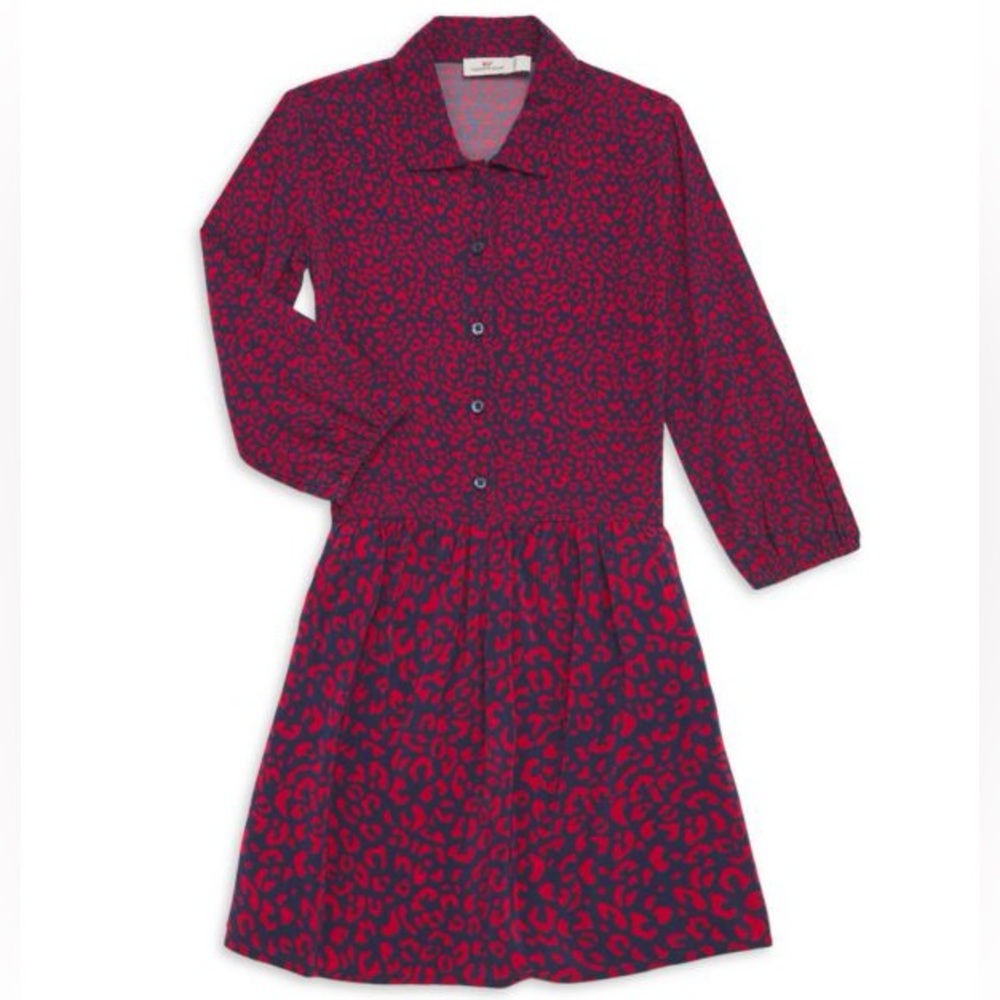 Vineyard Vines shirt dress falling for leopard animal print Red Blue girls small
